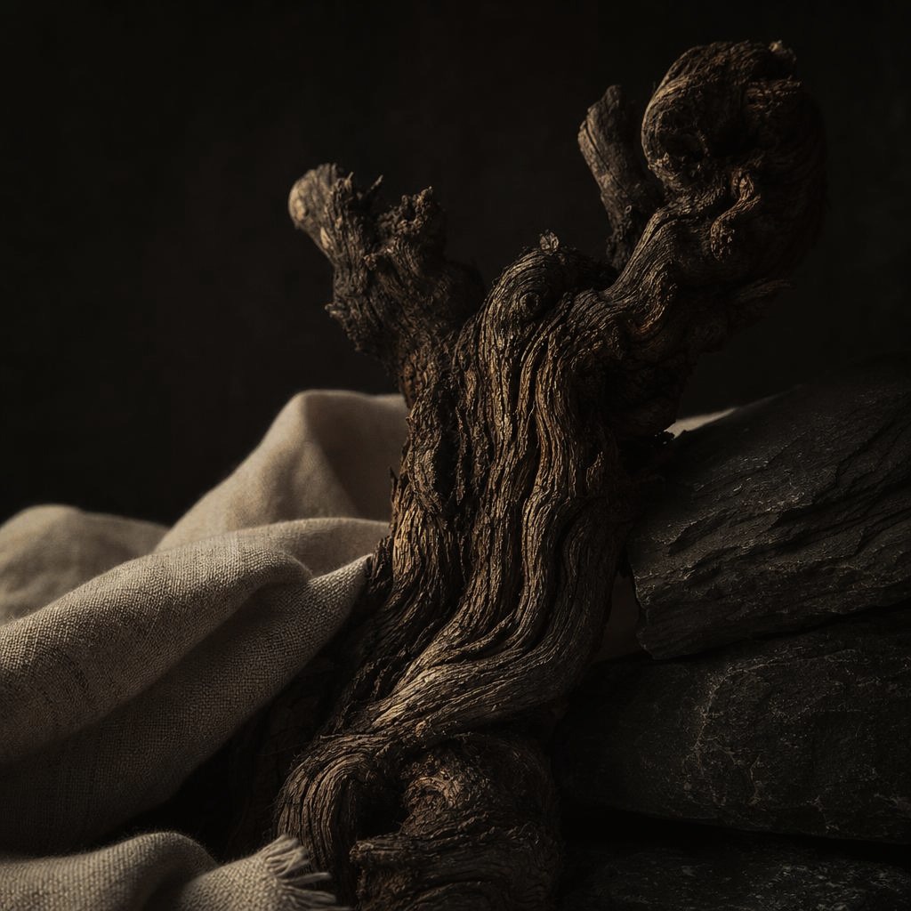 Sculptural old vine wood with raw ivory linen and dark slate