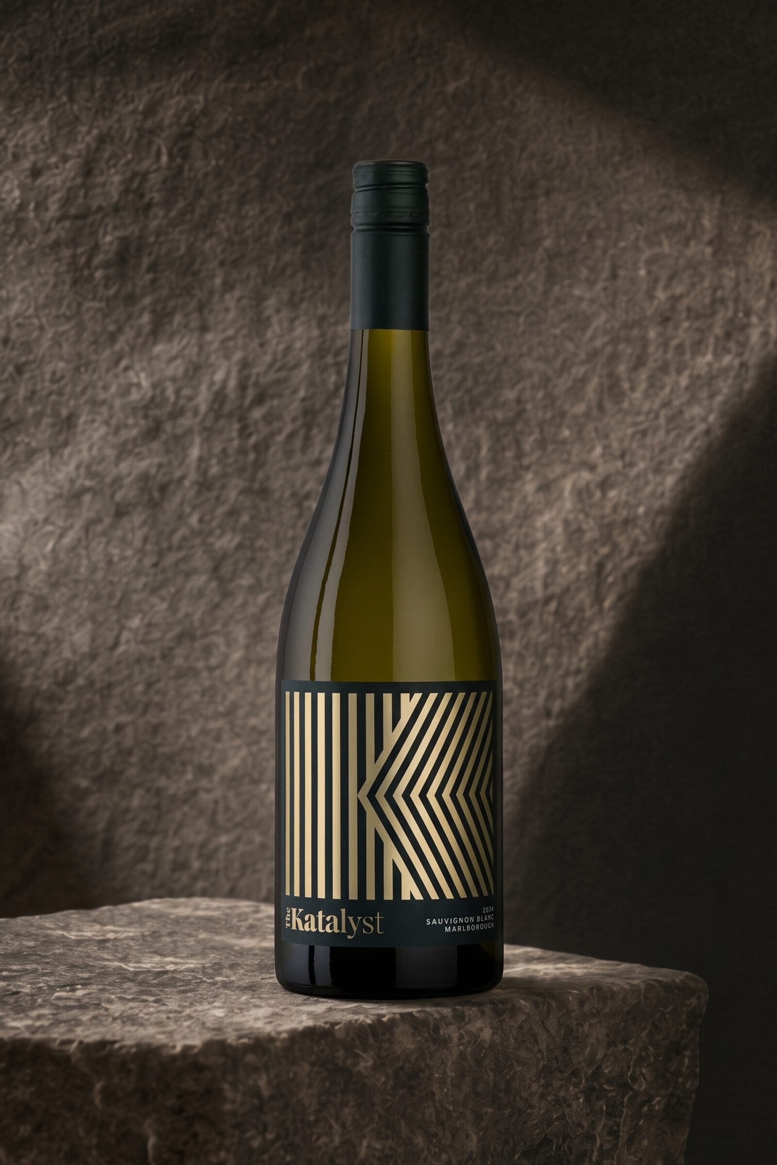 The Katalyst Sauvignon Blanc bottle on a stone plinth